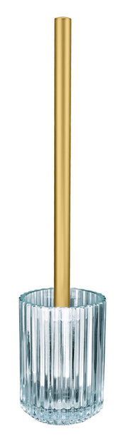 Toilettenbürste mit goldfarbenem Griff in geriffeltem Glasbehälter.