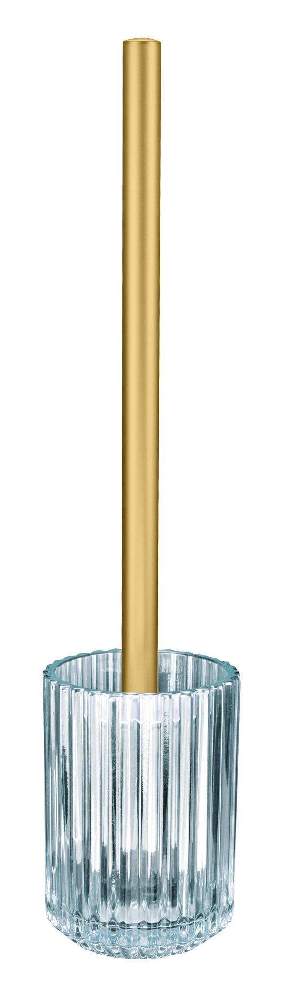 Toilettenbürste mit goldfarbenem Griff in geriffeltem Glasbehälter.