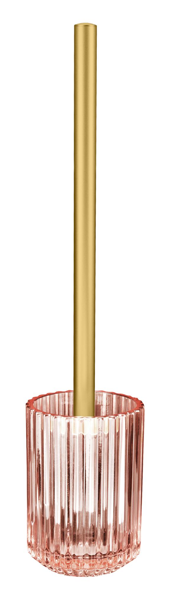 Rosa Toilettenbürste aus geriffeltem Glas mit goldfarbenem Griff.
