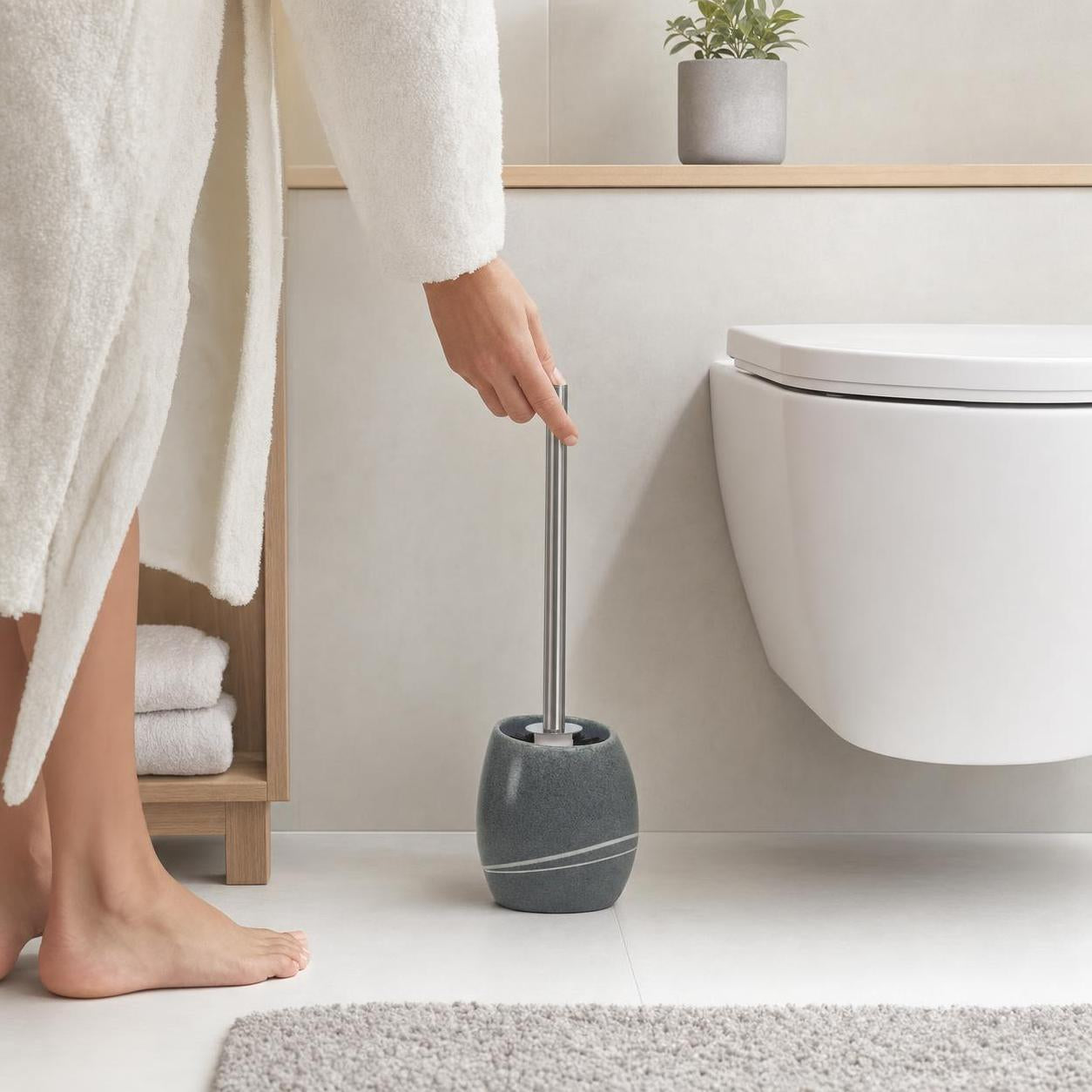 Eine graue WC-Bürste steht neben der Toilette im modernen Bad.