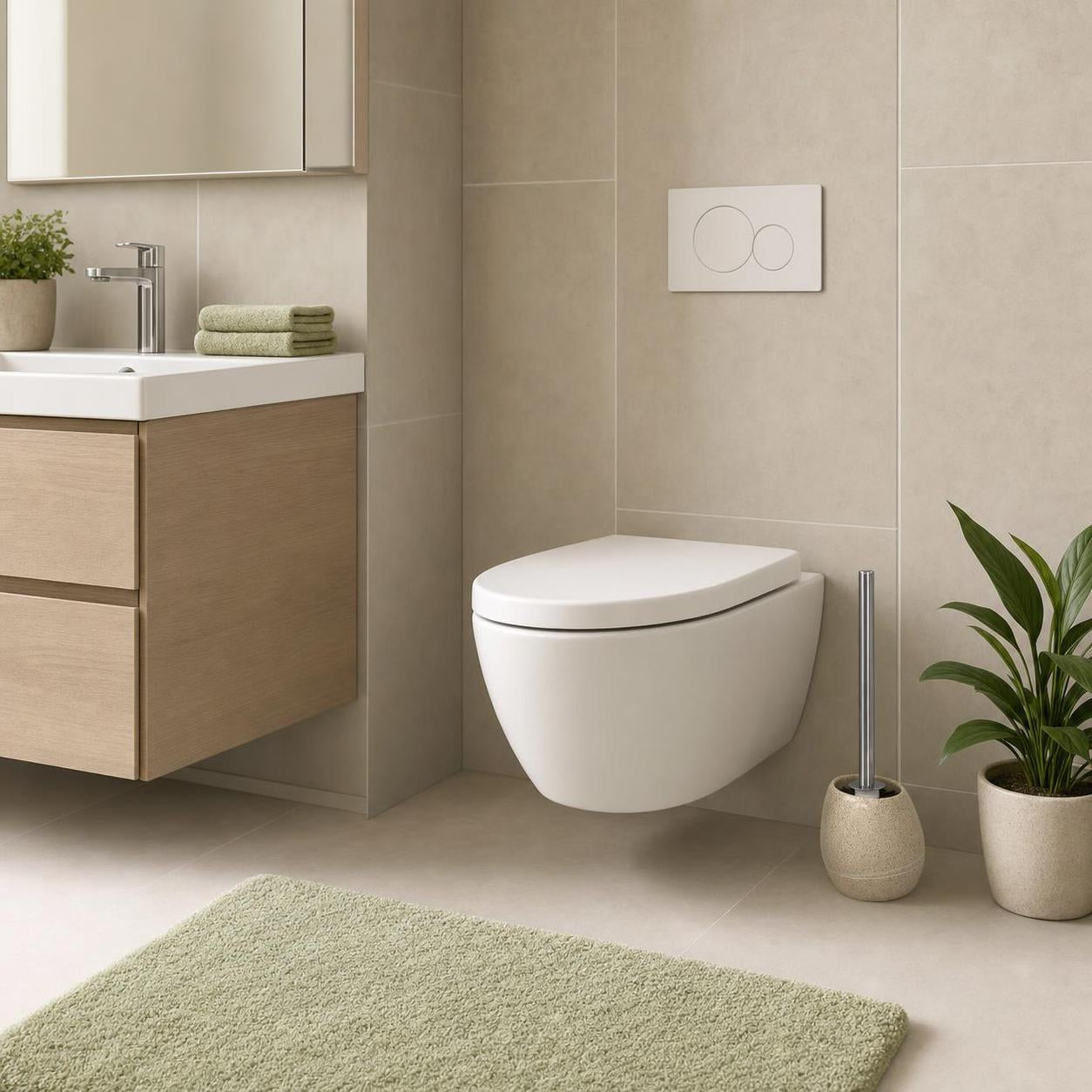 Ein wandhängendes WC mit weißer Drückerplatte im modernen Bad.