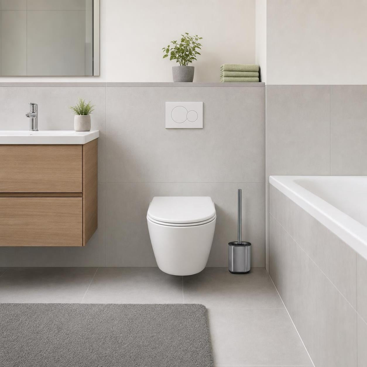 Ein wandhängendes WC steht in einem modernen Bad mit grauen Fliesen.
