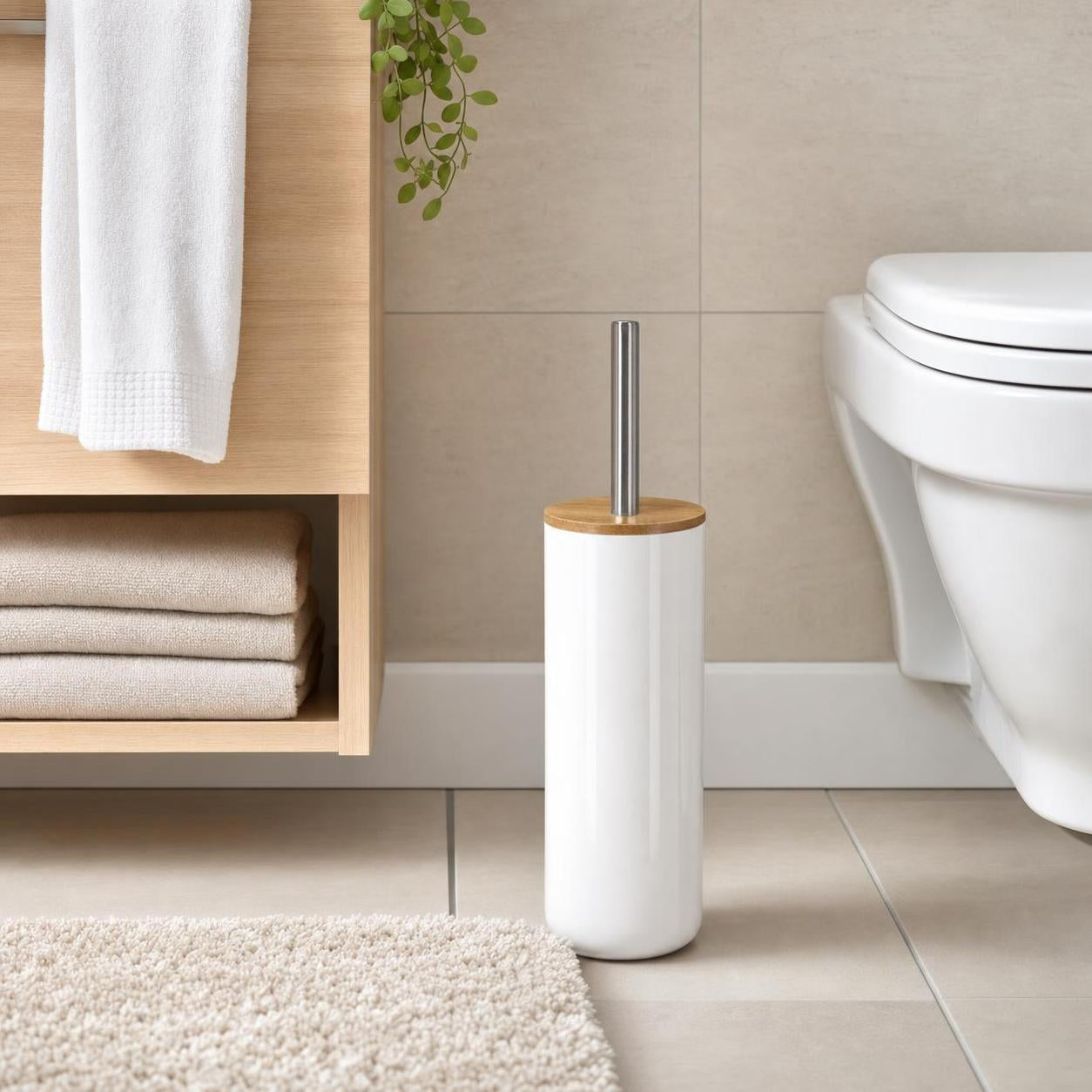 Ein weißer WC-Bürstenhalter mit Holzdeckel steht neben der Toilette.