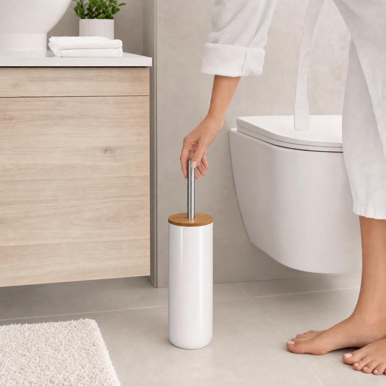 Eine weiße WC-Bürstengarnitur mit Bambusdeckel steht im Bad.