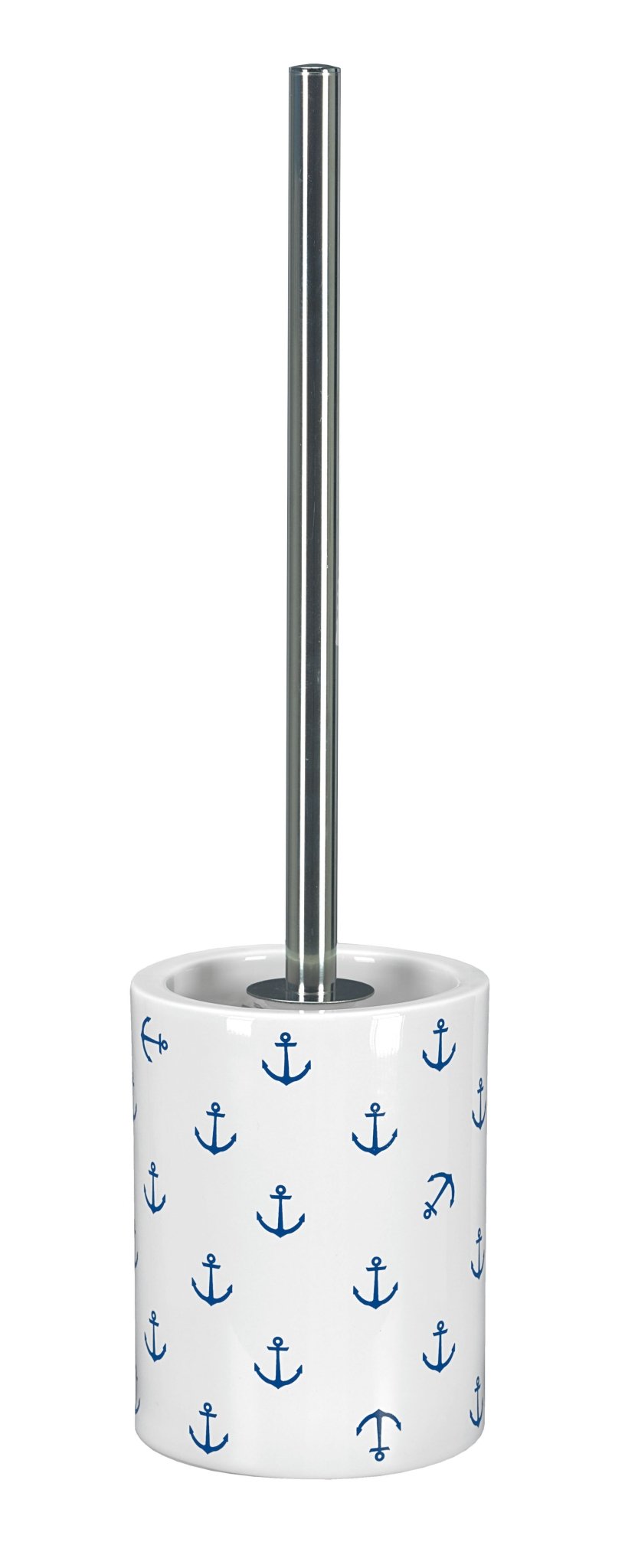 WC-Bürsten-Halter ANCHOR Dunkelblau mit blauem Ankerdekor und Metallgriff steht aufrecht.