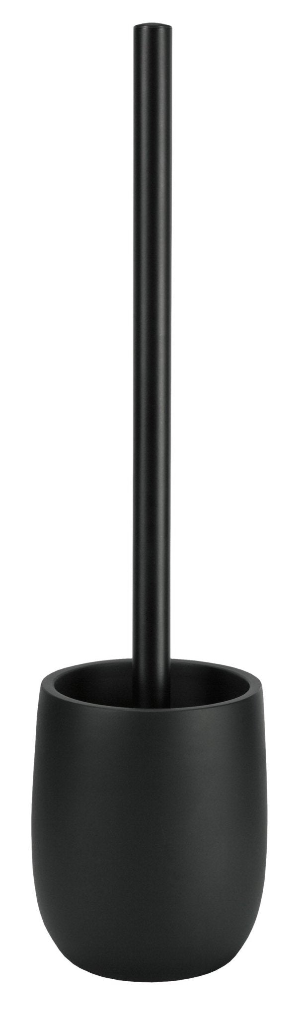 Schwarze WC-Bürste mit mattem, rundem Behälter in modernem Design