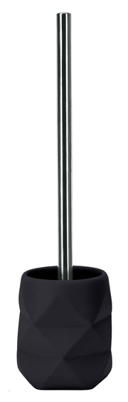 WC-Bürsten-Halter CRACKLE Schwarz mit rundem, facettiertem Becher und silberner Stielbürste von vorn.