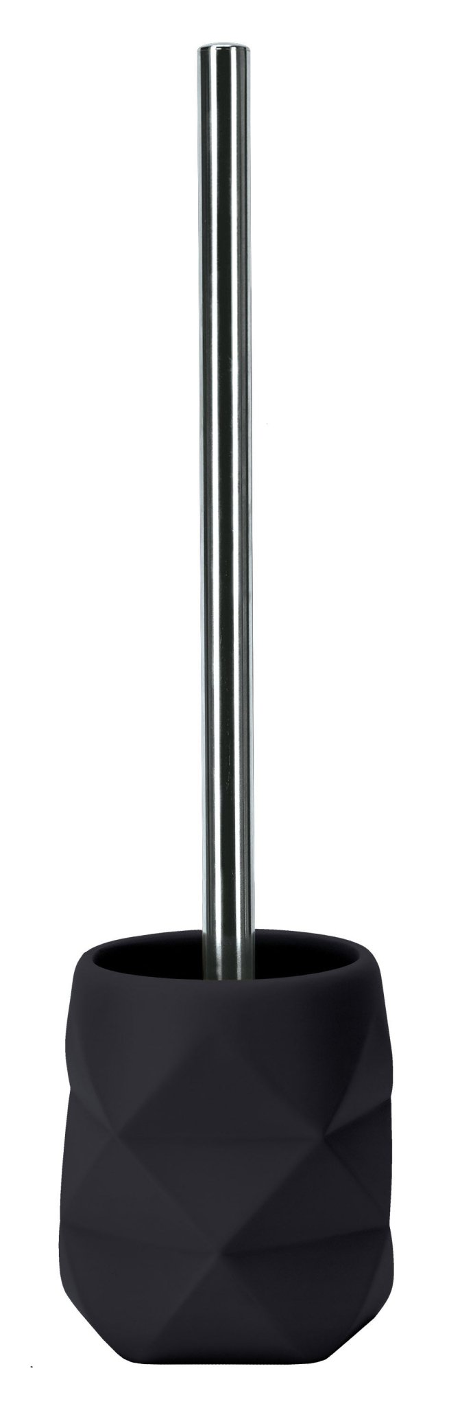 WC-Bürsten-Halter CRACKLE Schwarz mit rundem, facettiertem Becher und silberner Stielbürste von vorn.
