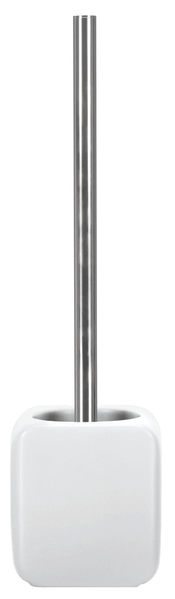 WC-Bürsten-Halter CUBIC Weiß steht mit Edelstahlstiel vor weißem Hintergrund.