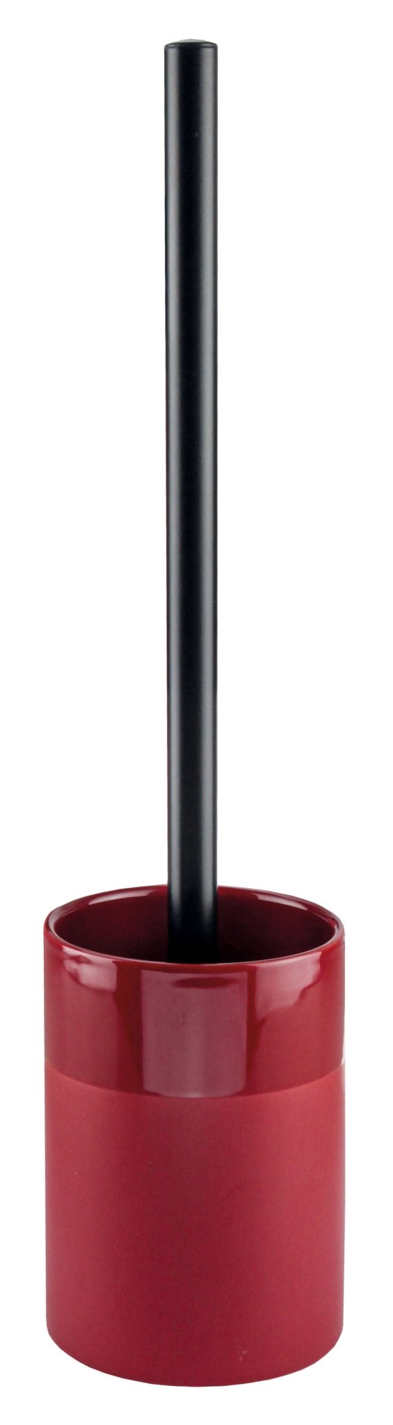 WC-Bürsten-Halter DEEP Granat in Rot mit schwarzem Stiel steht freistehend vor weißem Hintergrund.