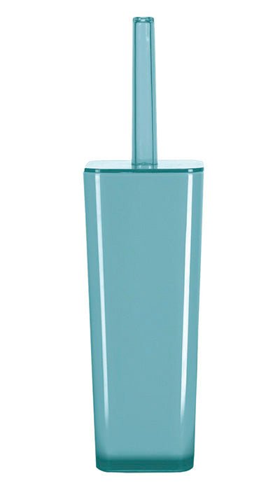 WC-Bürsten-Halter EASY in Türkis steht als schlanker Behälter mit Griff aufrecht.