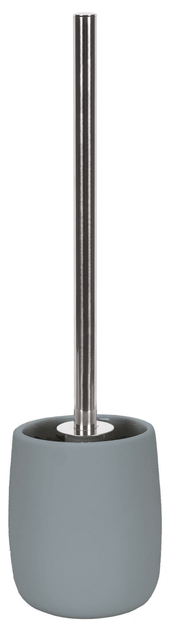 WC-Bürsten-Halter ECLIPSE Nebel mit grauem Behälter und Edelstahlstiel steht aufrecht.
