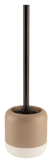 Toilettenbürste mit schwarzem Stiel in beigem Halter mit Weißrand