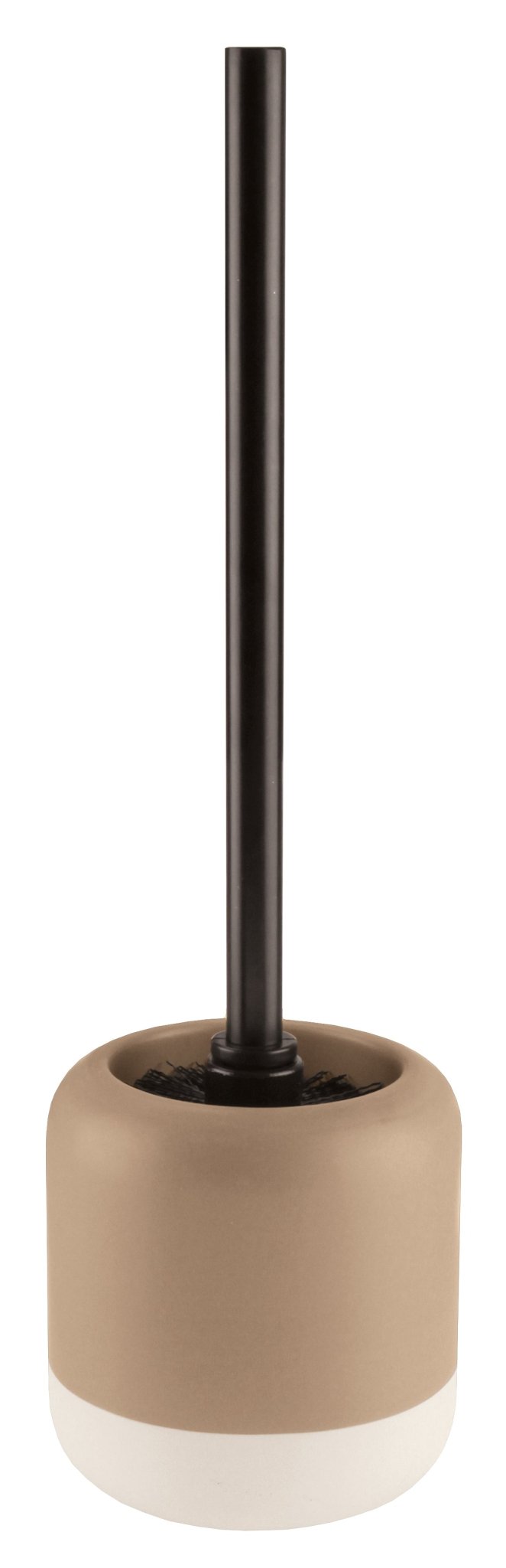 Toilettenbürste mit schwarzem Stiel in beigem Halter mit Weißrand