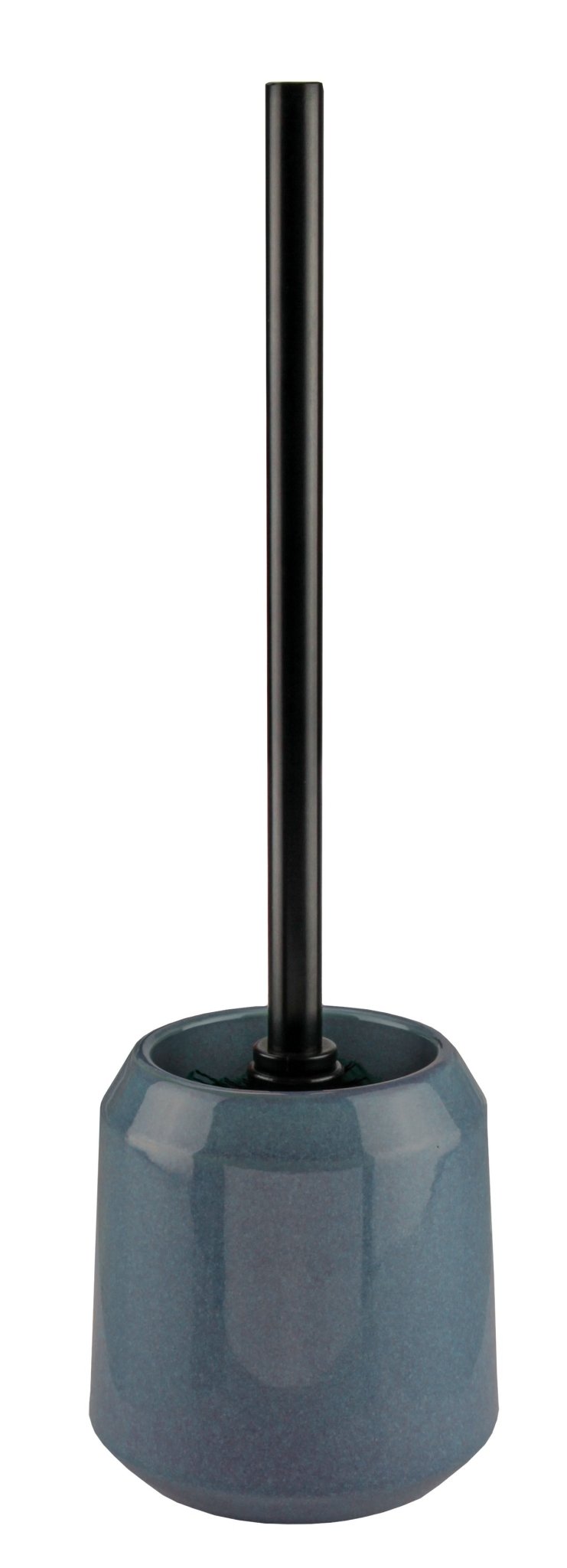 Der WC-Bürsten-Halter MYSTIC Navy mit schwarzer Bürste steht freistehend auf weißem Hintergrund.
