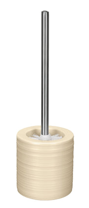 Beige WC-Bürste mit rundem Keramikhalter und langem silbernem Stiel