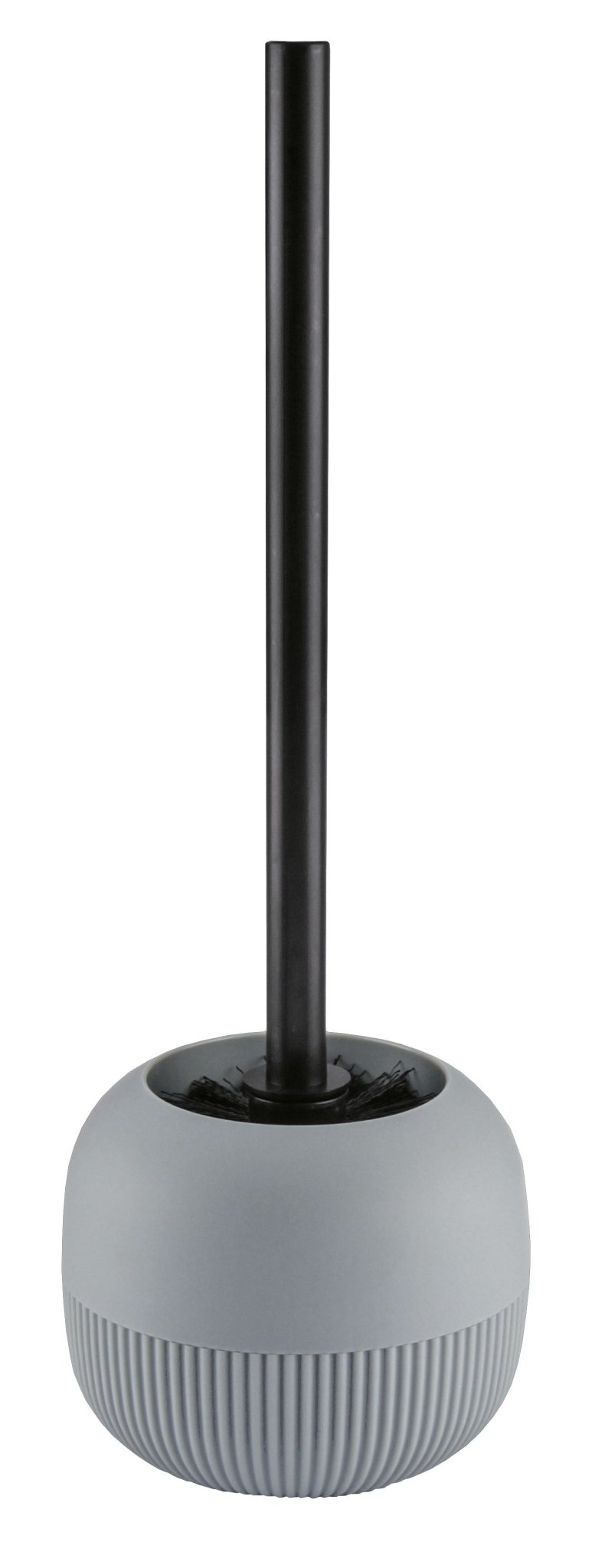 Toilettenbürste mit schwarzem Stiel in grauem, gerilltem, rundem Halter