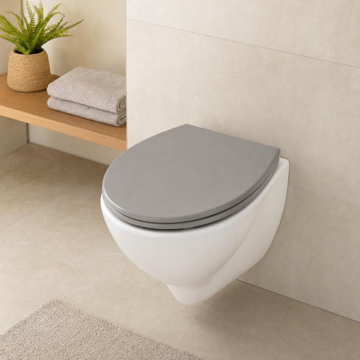 Ein wandhängendes WC mit grauem Sitz ist in einem hellen Bad montiert.