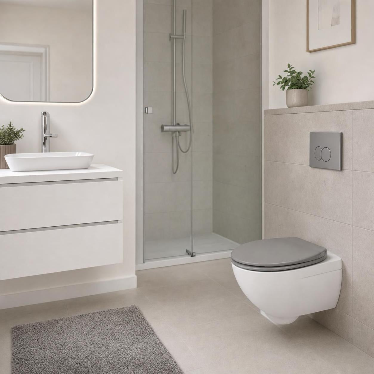 Grauer WC-Sitz auf wandhängender Toilette in modernem Badezimmer.