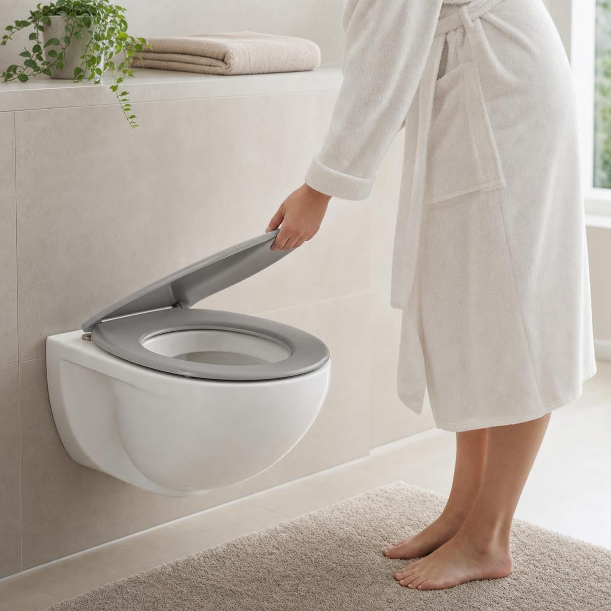 Eine Person hebt den grauen WC-Sitz im hellen Badezimmer an.