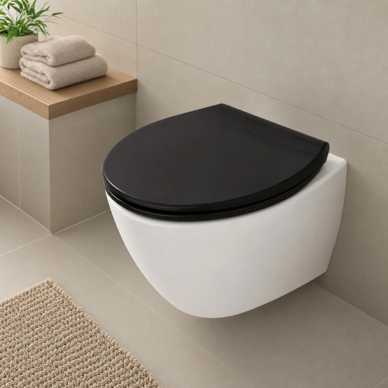 Ein schwarzer WC-Sitz ist auf einer weißen Wandtoilette montiert.