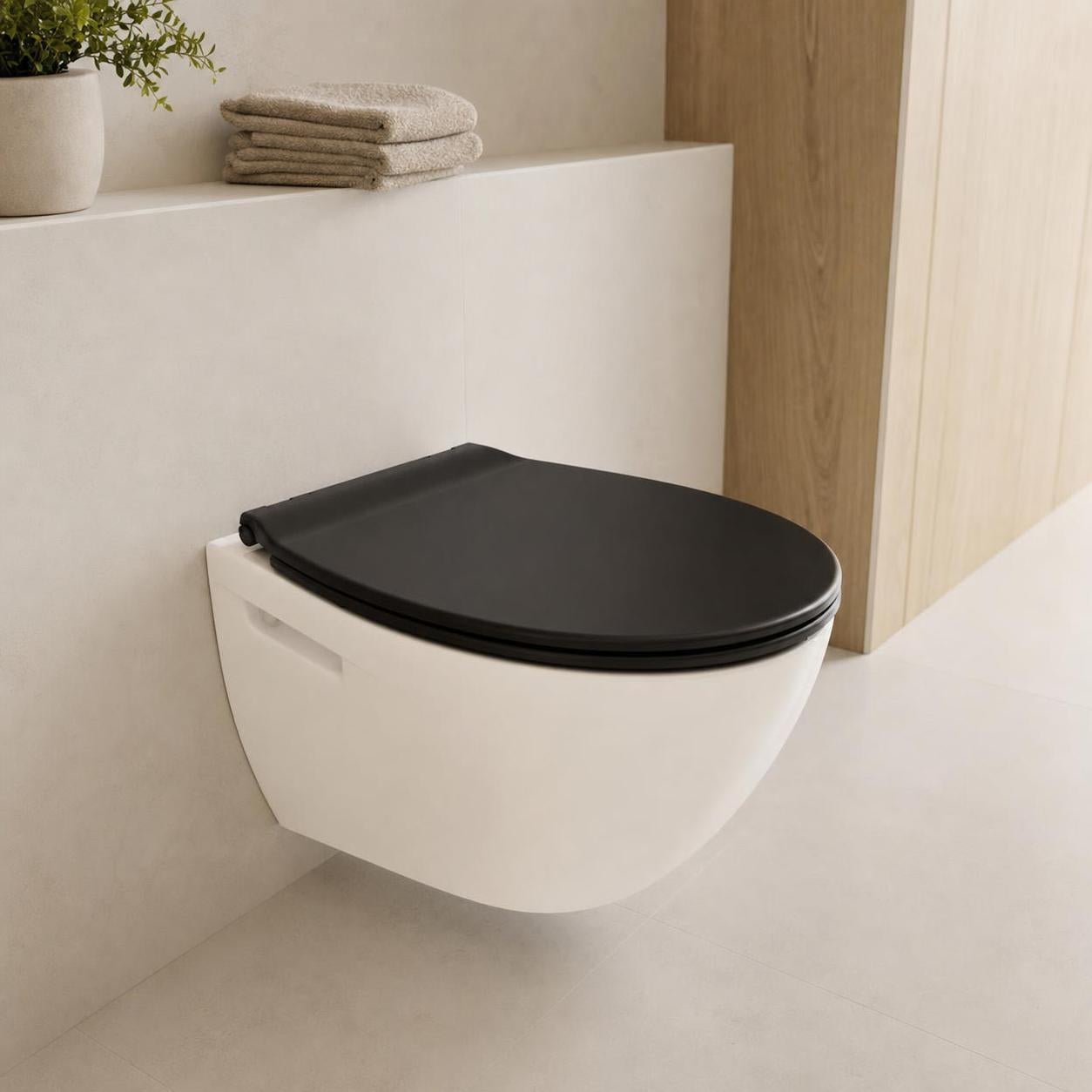 Ein schwarzer WC-Sitz ist auf einer wandhängenden Toilette im Bad montiert.