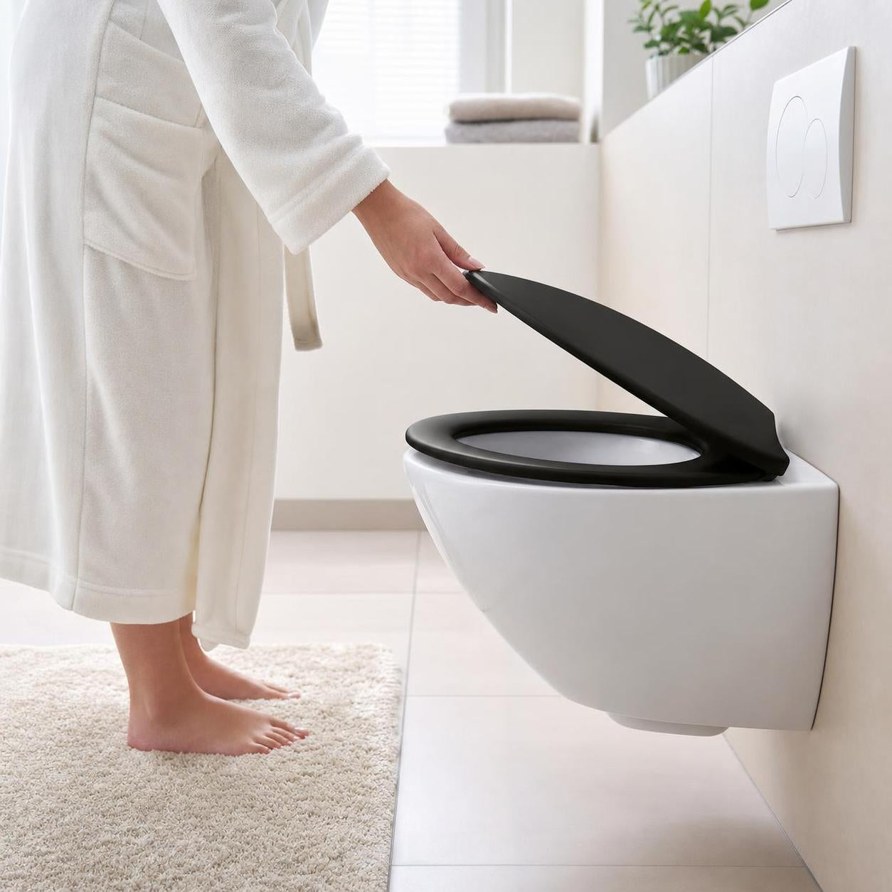 Eine Person öffnet einen schwarzen WC-Sitz auf einer wandhängenden Toilette.