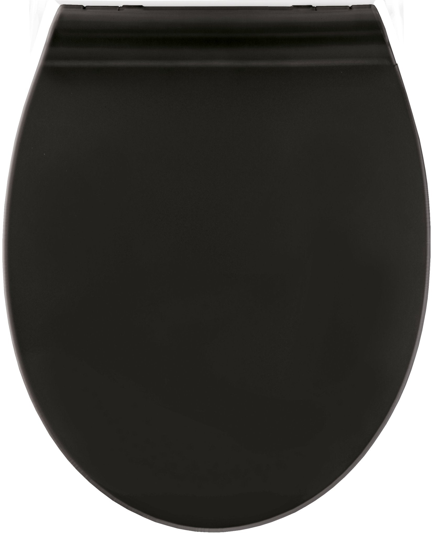 Geschlossener schwarzer WC-Sitz in ovaler Form, Ansicht von oben