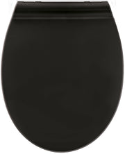 Geschlossener schwarzer WC-Sitz in ovaler Form, Ansicht von oben