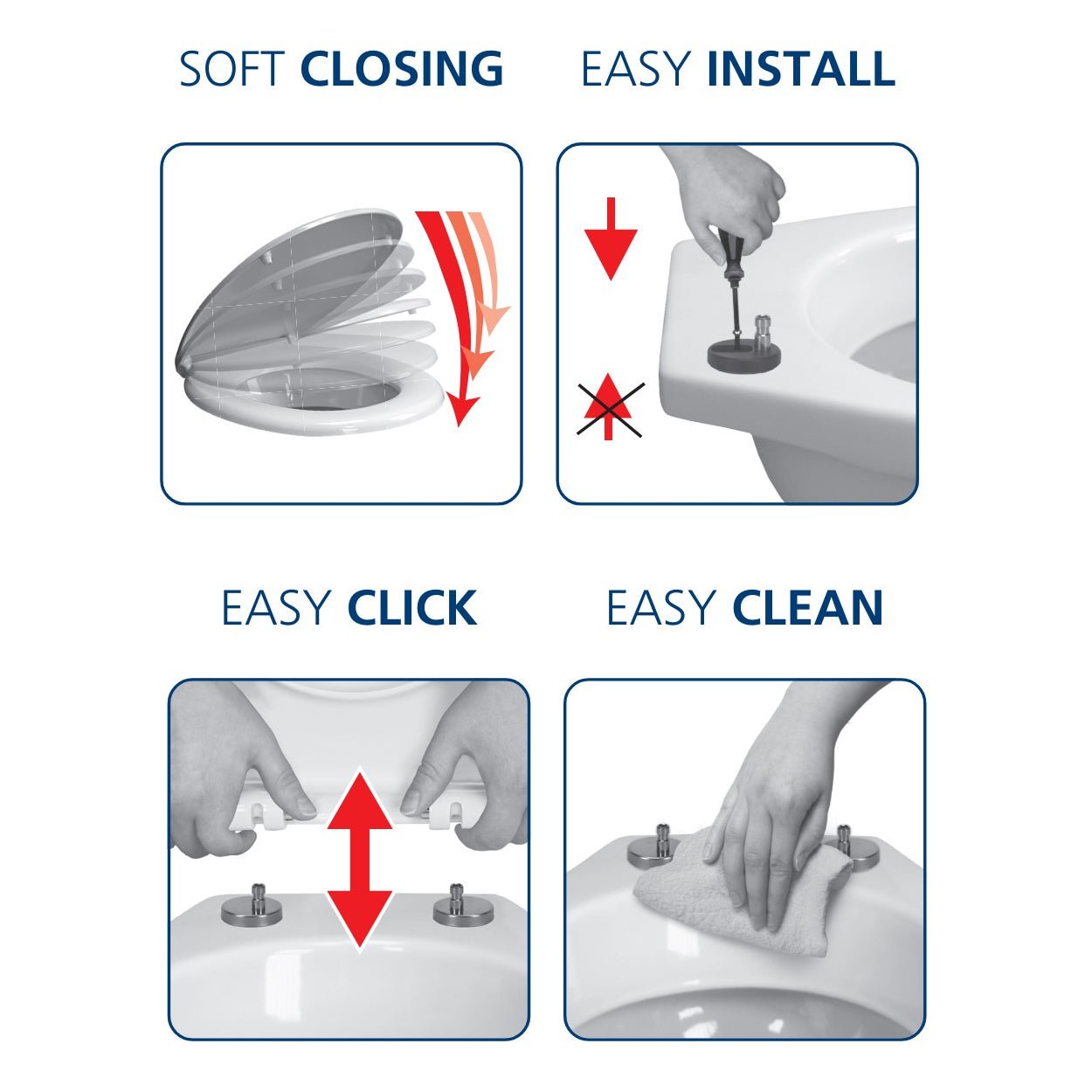 Grafik zeigt WC-Sitz VISION Grau mit Absenkautomatik, Schnellbefestigung, Klicksystem und Reinigung.