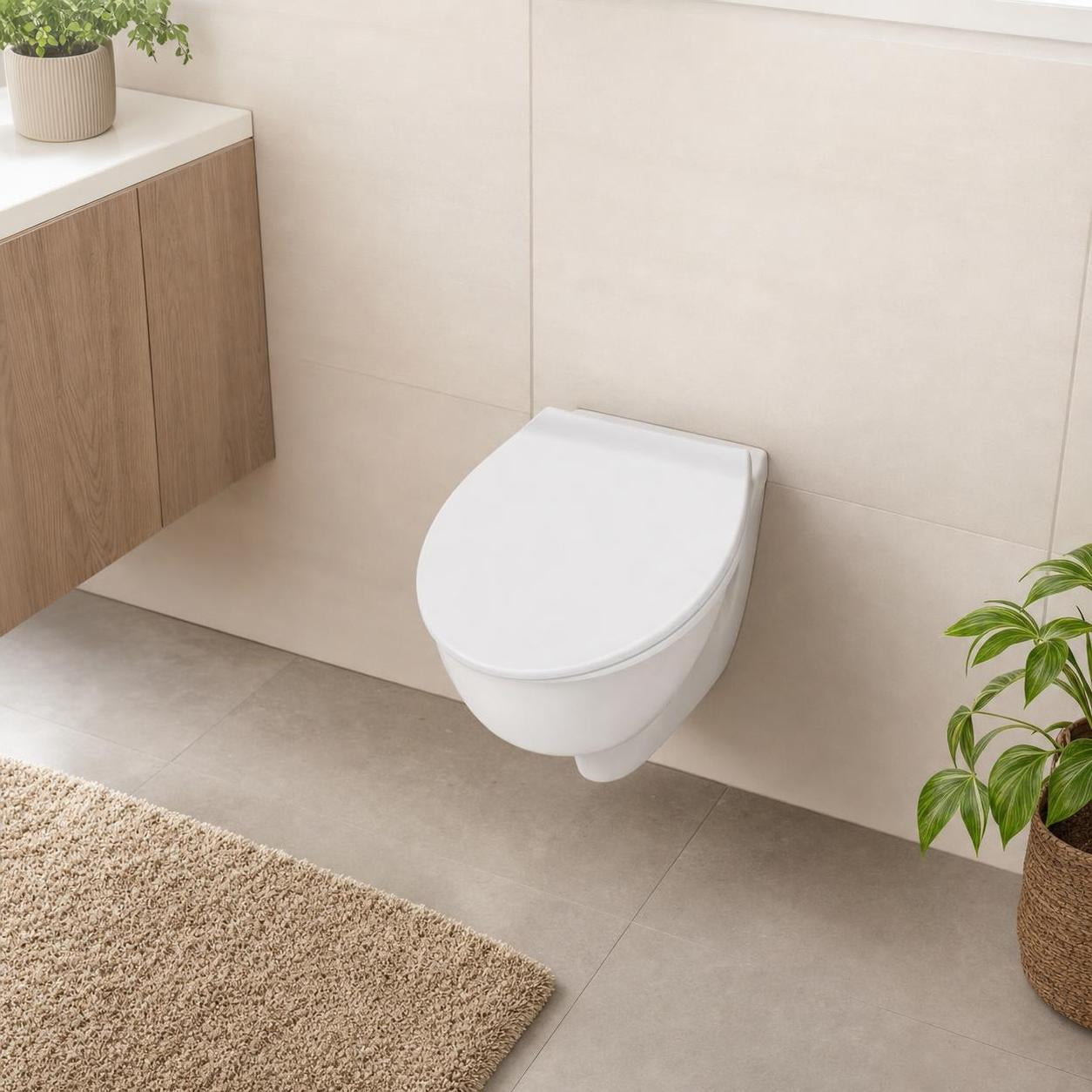 Weißes Wand-WC mit geschlossenem Sitz in modernem Bad mit Pflanzen.