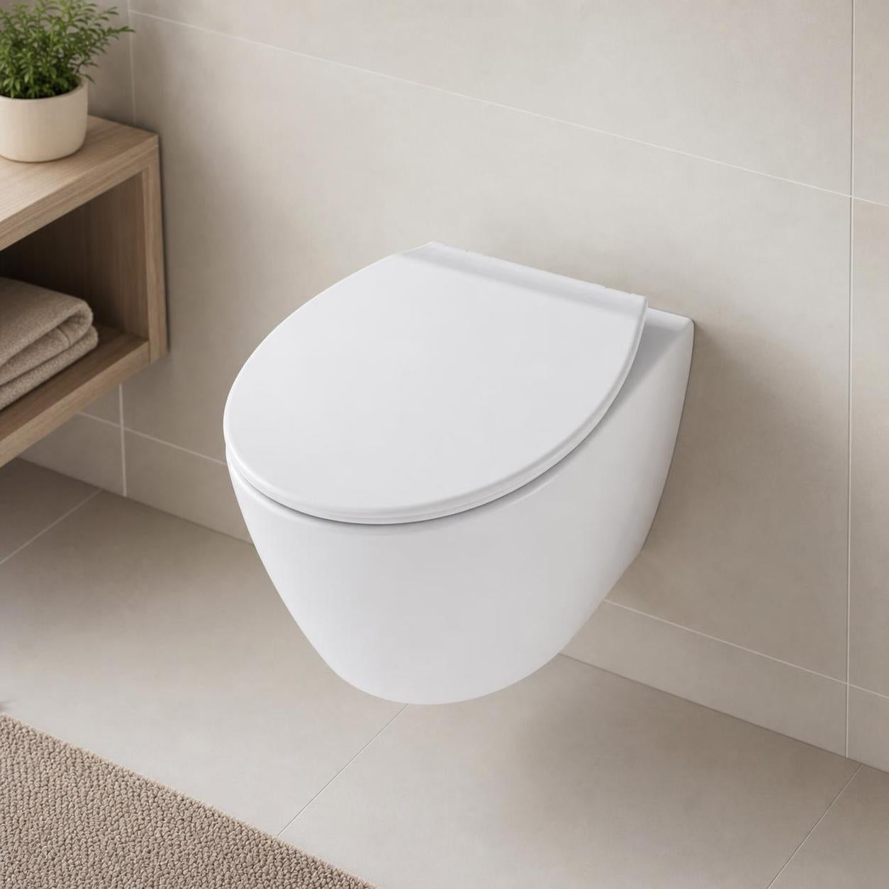 Ein weißes wandhängendes WC mit geschlossenem Sitz im hellen Bad.