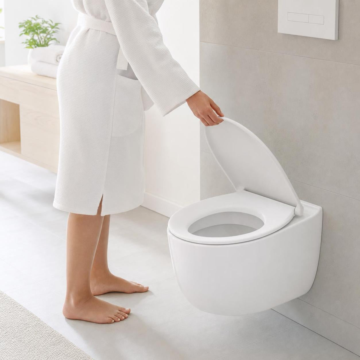 Eine Person öffnet den WC-Sitz eines wandhängenden WCs im hellen Bad.