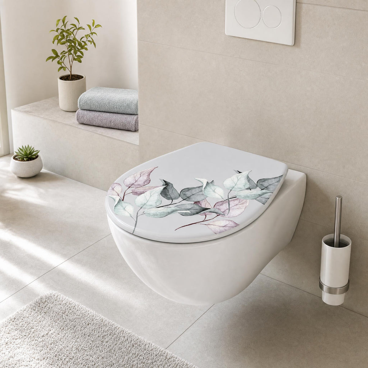 Modernes Bad mit WC-Sitz mit Blättermotiv, Pflanzen und gefalteten Tüchern.