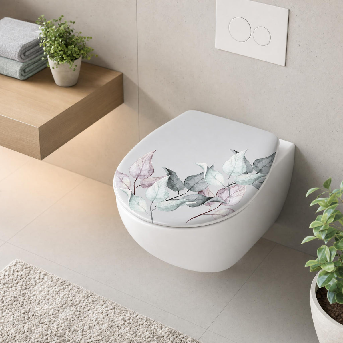 Modernes Wand-WC mit floralem WC-Sitz in hellem Bad.