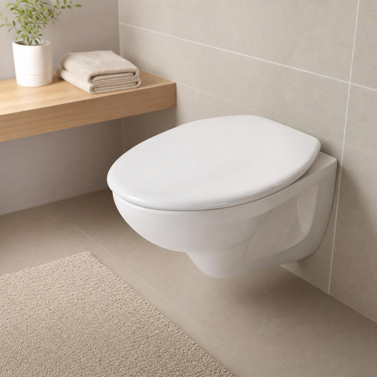 Ein weißes Wand-WC mit geschlossenem Sitz hängt im modernen Bad.