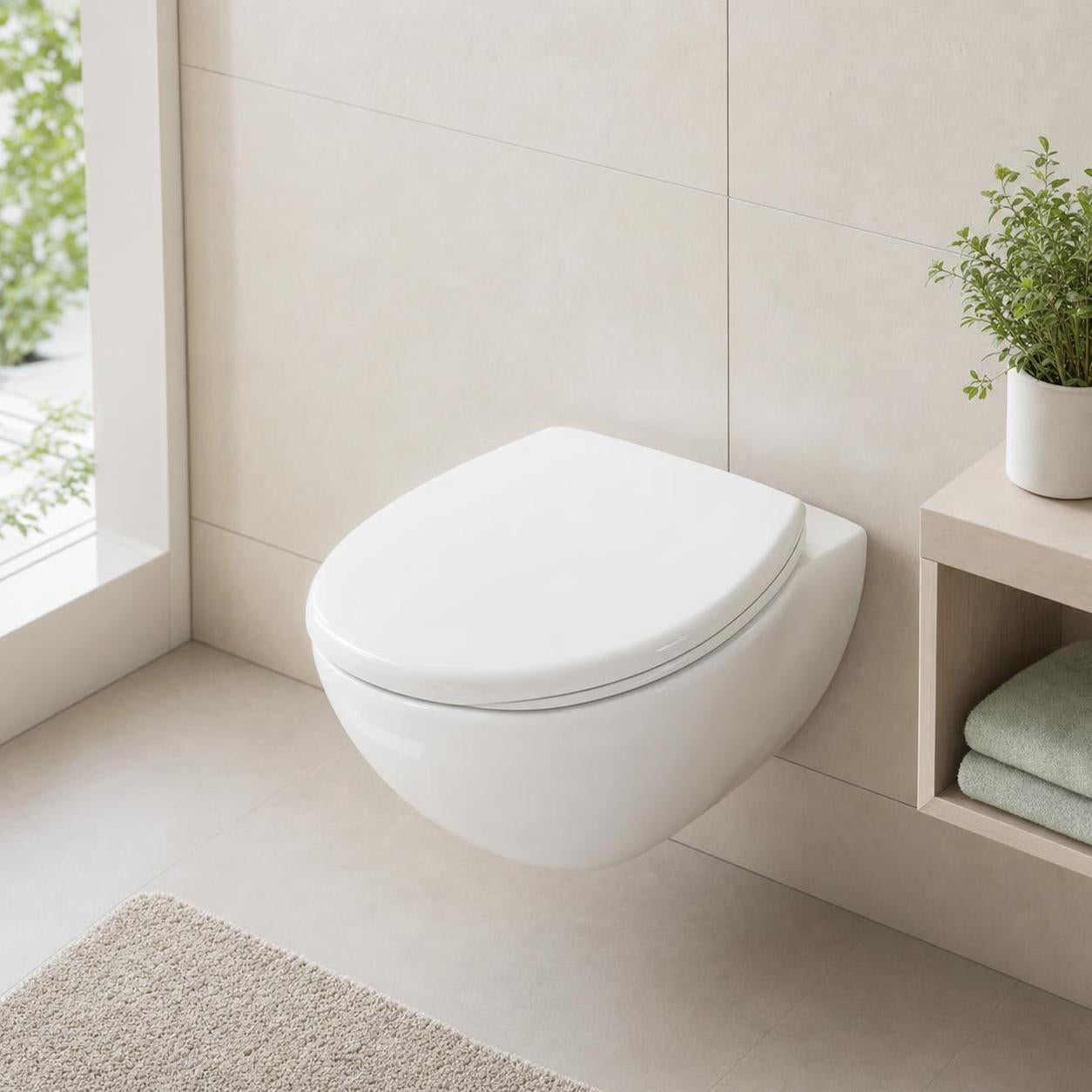 Ein weißes Wand-WC mit geschlossenem Sitz hängt im hellen Bad.