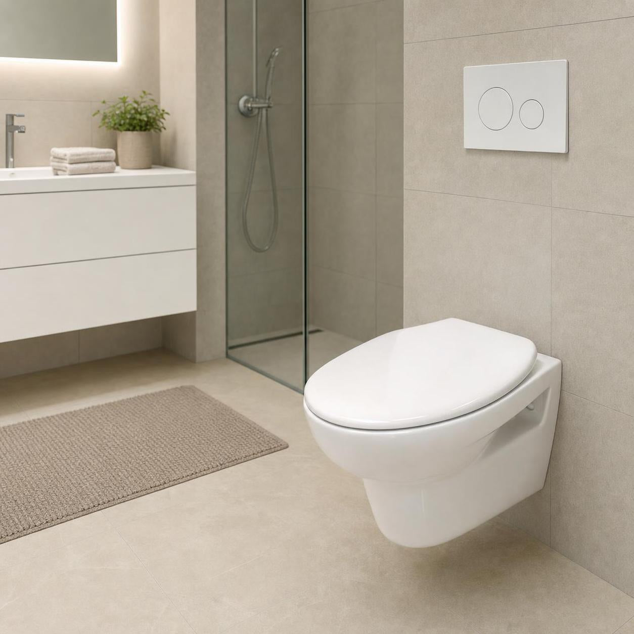 Ein wandhängendes WC mit weißer Betätigungsplatte im modernen Bad.