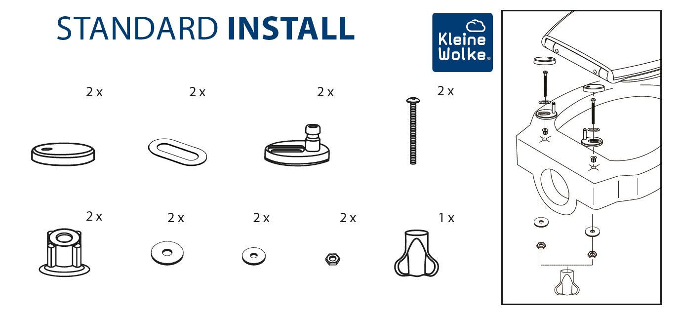 Montageset für WC-Sitz mit Schrauben, Dübeln und Explosionszeichnung