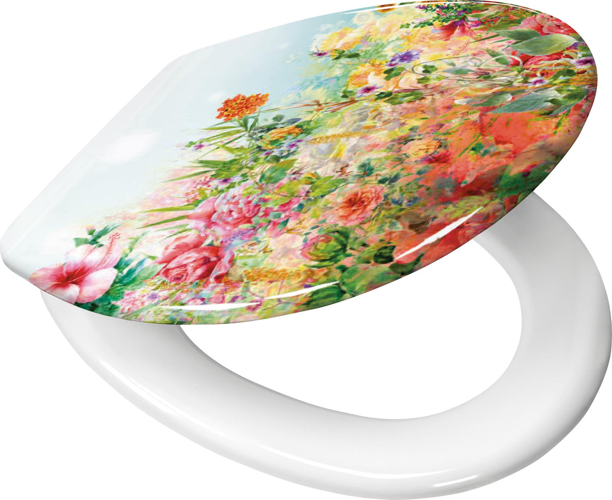 Weißer WC-Sitz mit buntem Blumenmotiv auf dem Deckel.