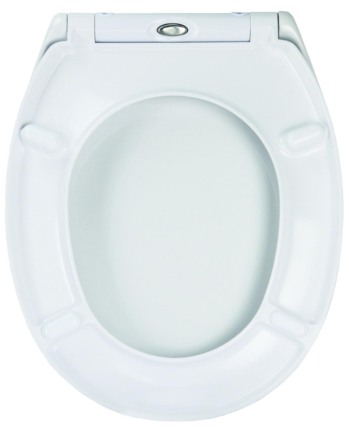 Weißer WC-Sitz mit Deckel in ovaler Form, frontal vor weißem Hintergrund.