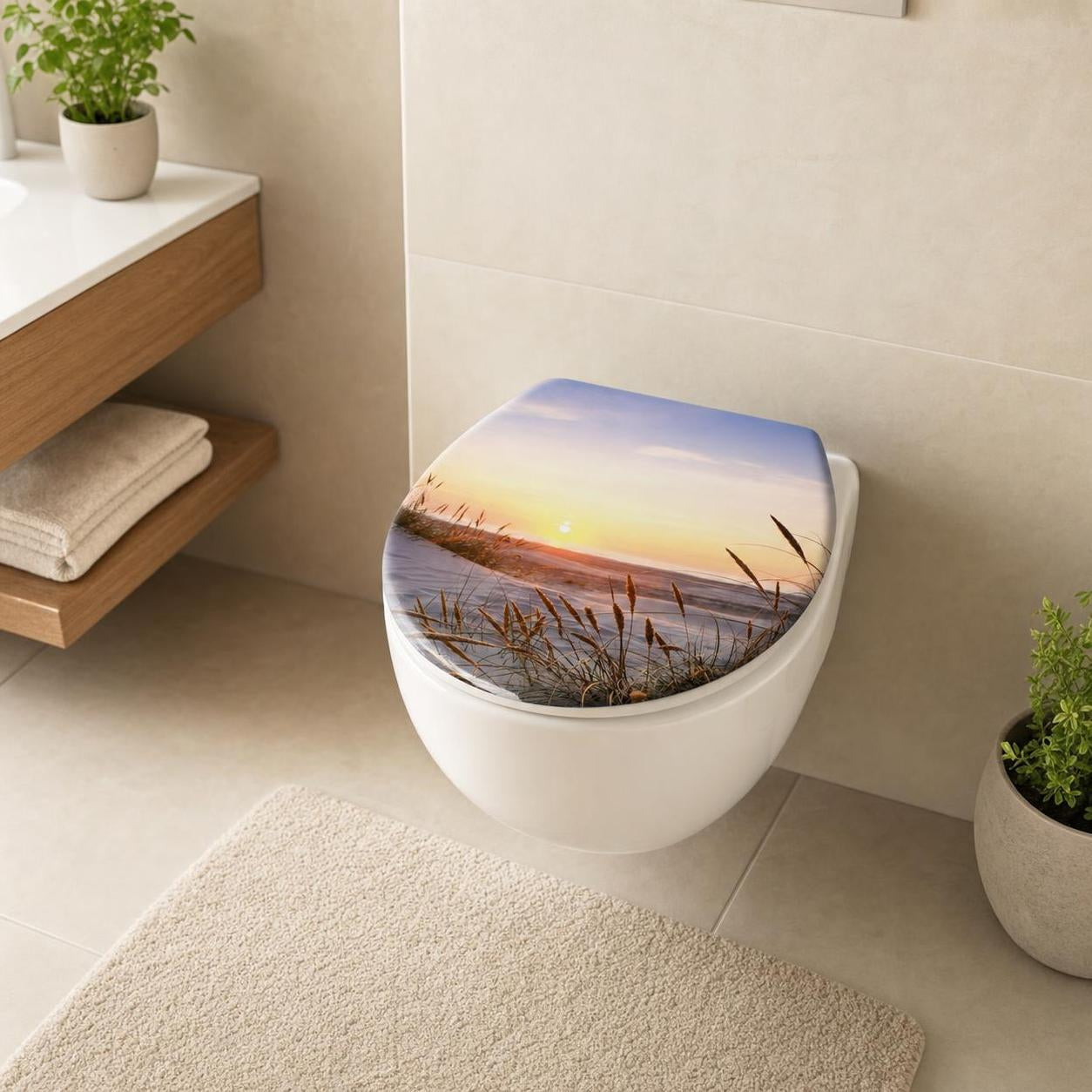 WC-Sitz mit Strandmotiv bei Sonnenuntergang in hellem Bad.