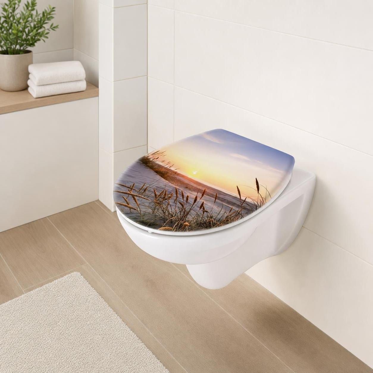 Der WC-Sitz zeigt ein Strandmotiv bei Sonnenuntergang im hellen Bad.