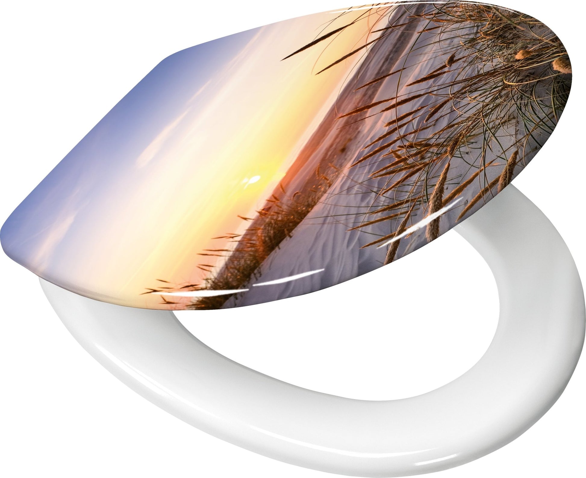 Toilettensitz mit Strandmotiv, Sonnenuntergang und Dünen im Licht