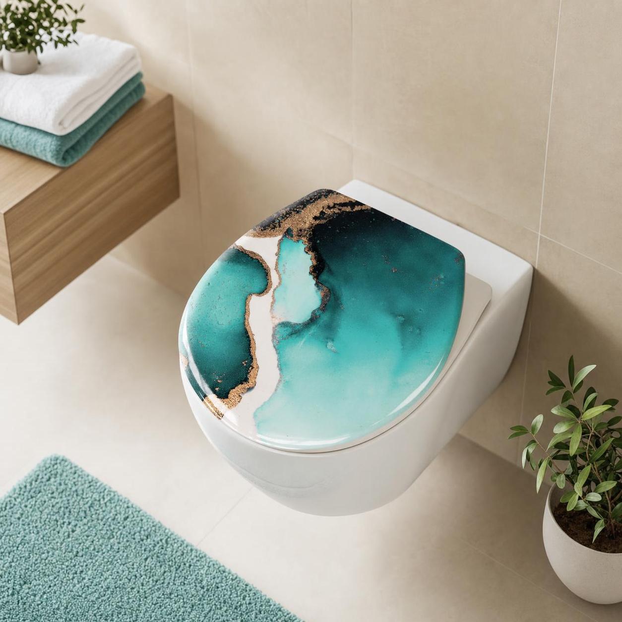 Ein WC-Sitz mit türkis-goldenem Marmordesign liegt auf einer Toilette.