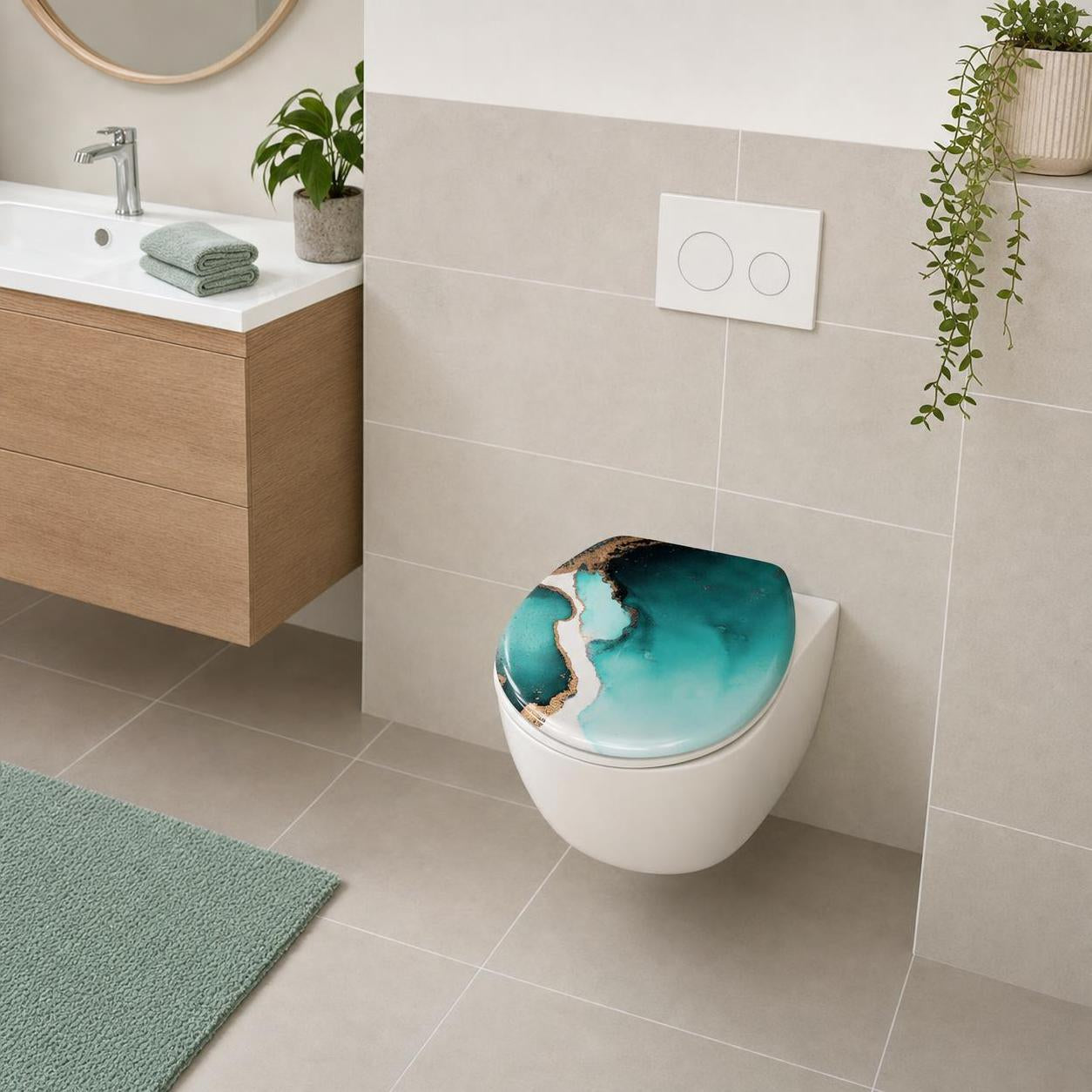 Ein WC-Sitz mit türkisfarbenem Meeresmotiv auf einer Wandtoilette im Bad.