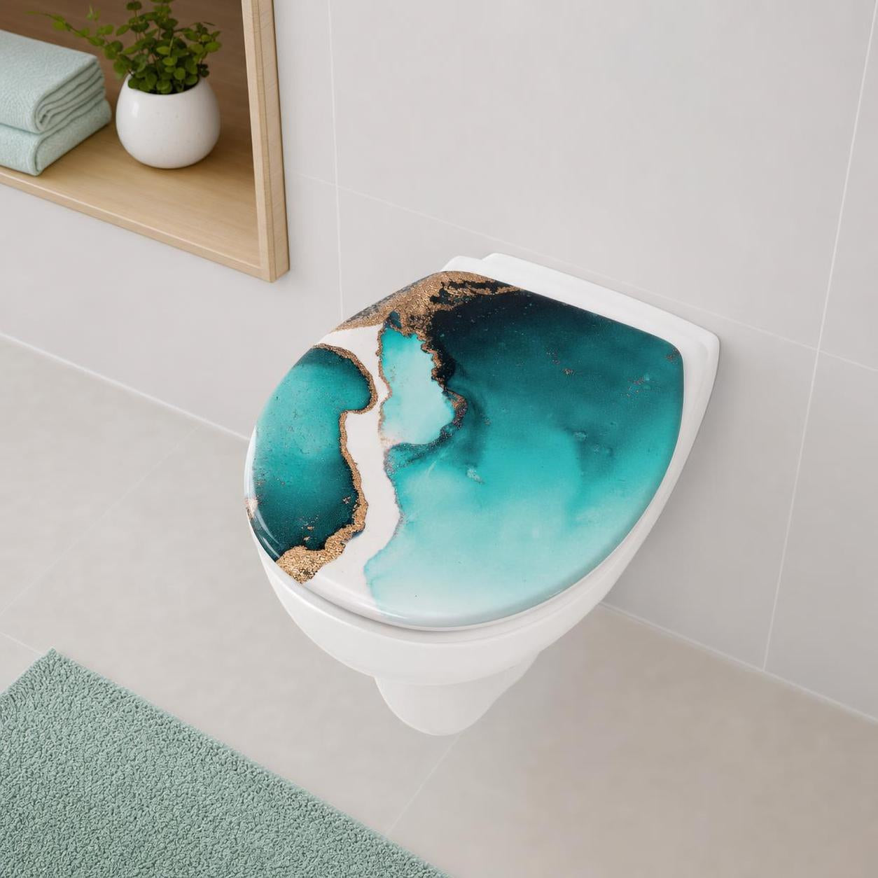 Ein WC-Sitz mit türkis-goldenem Design ist auf einer Toilette montiert.