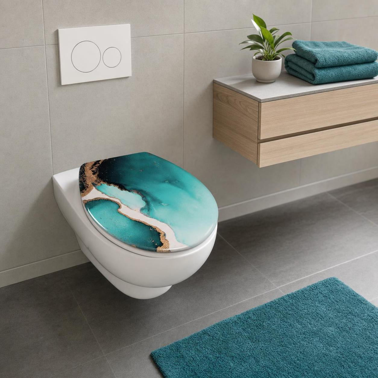 Türkis gemusterter WC-Sitz auf wandhängender Toilette im modernen Bad.