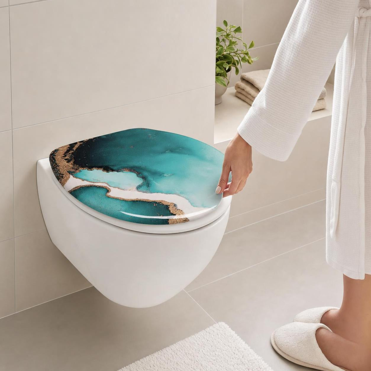 Ein WC-Sitz mit türkis-goldenem Marmordesign im hellen Bad.