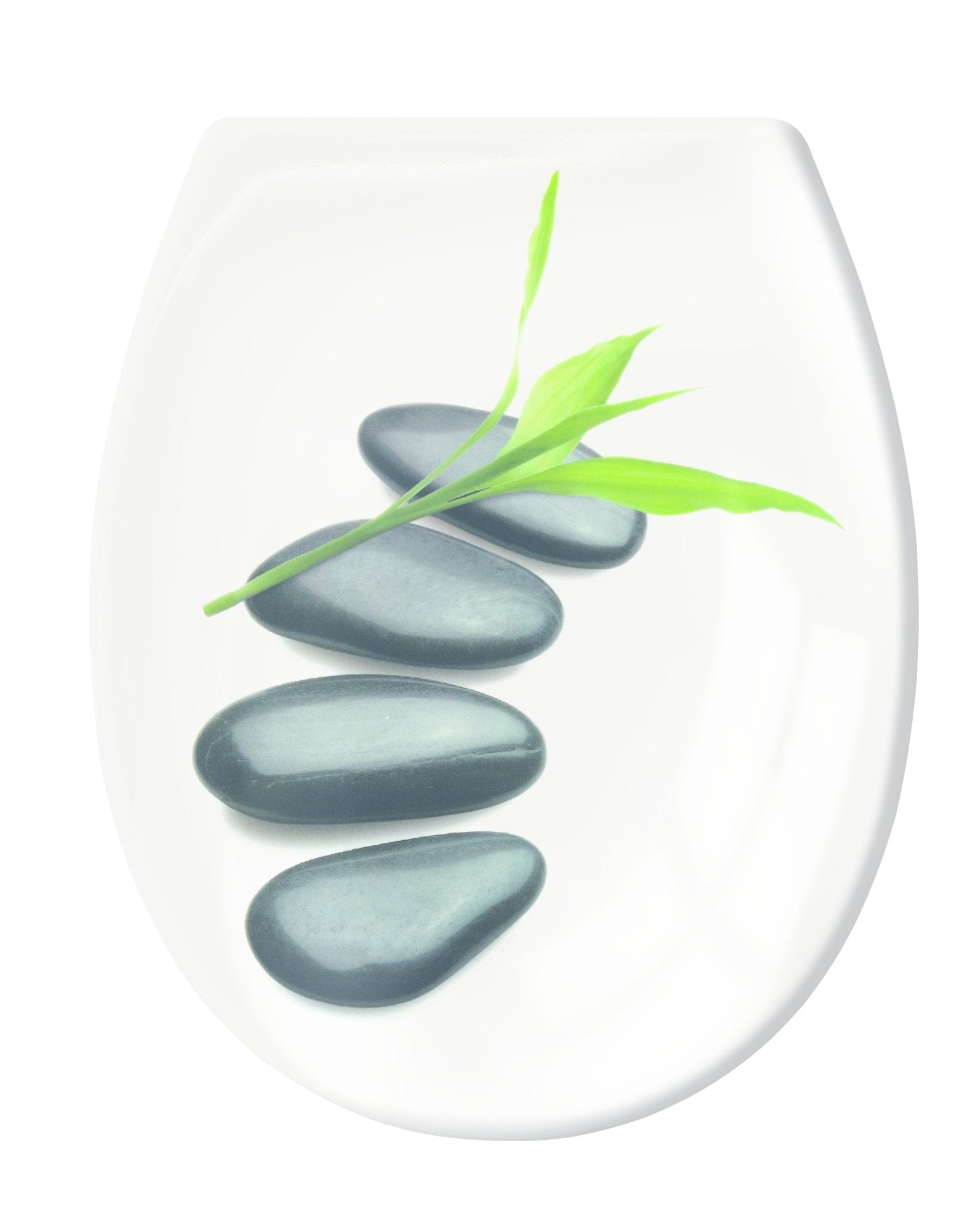 Weiße Seifenschale mit vier schwarzen Steinen und grünem Bambusblatt